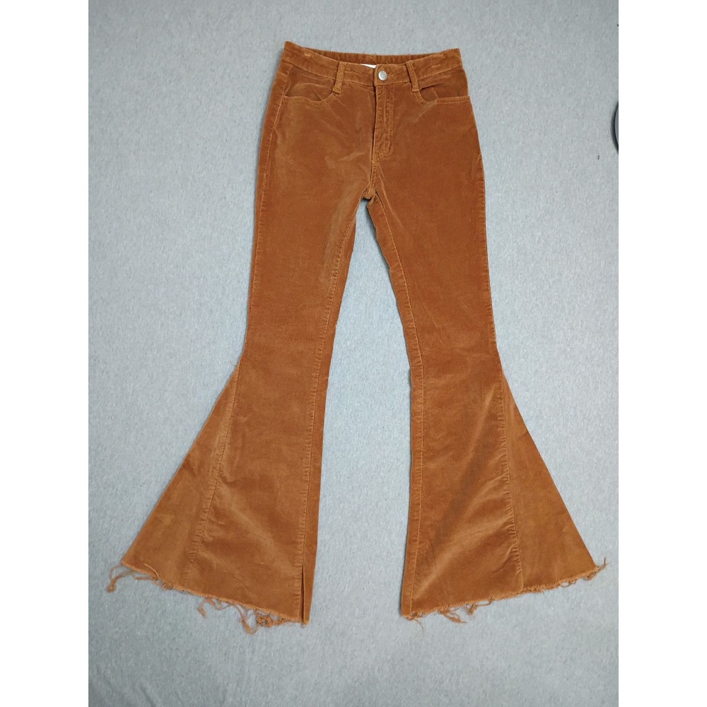 Wisteria Lane LA Brown Corduroy Flare Bell Bottom Pant Raw Hem Small Western 70s